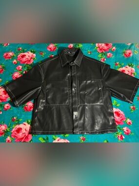 Zara Black Faux Leather Jacket with White Topstitch